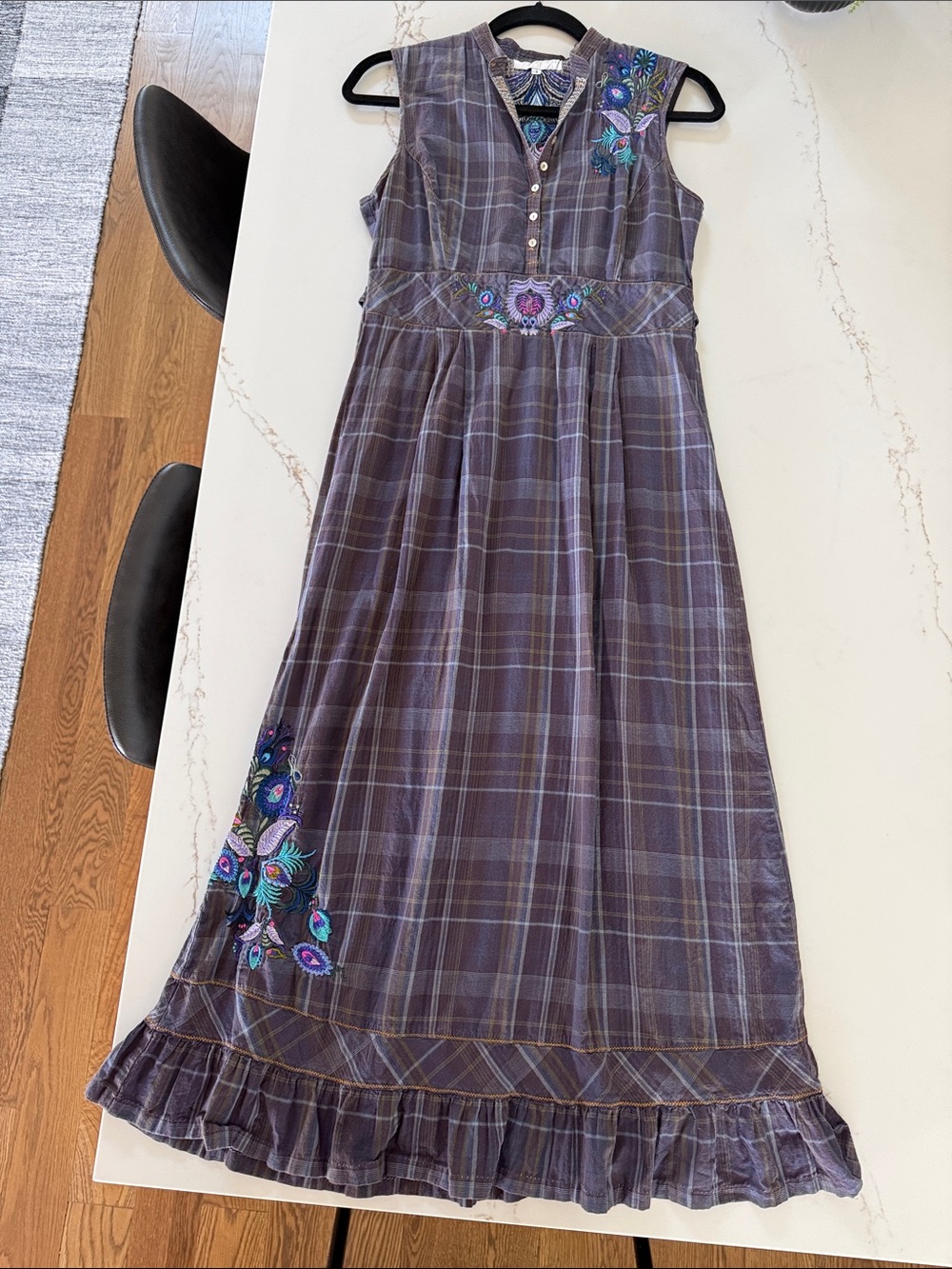 Sleeveless Dusty Purple Plaid Embroidered Maxi Dress